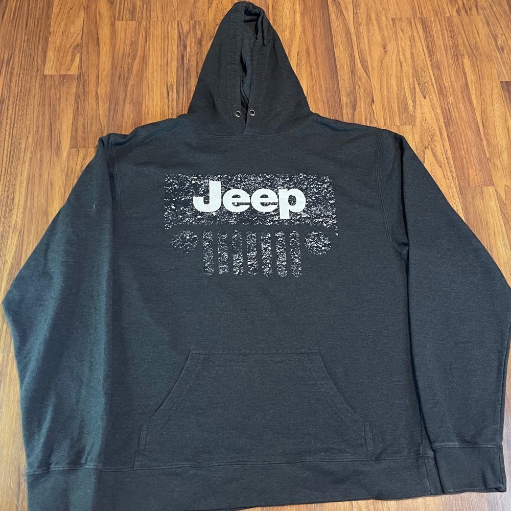 Jeep Hoodie Mens 2XL Charcoal Gray Delta Fleece Distressed Logo Graphic Pullover